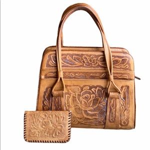 Vintage Hand Tooled Leather Bag & Wallet